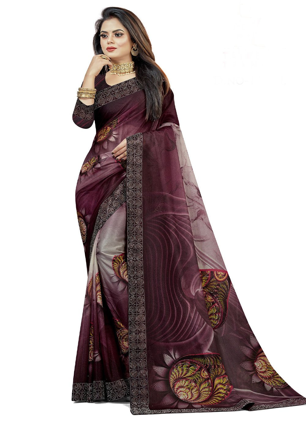 Trendy Saree Lycra Grey Wine Digital Print Saree