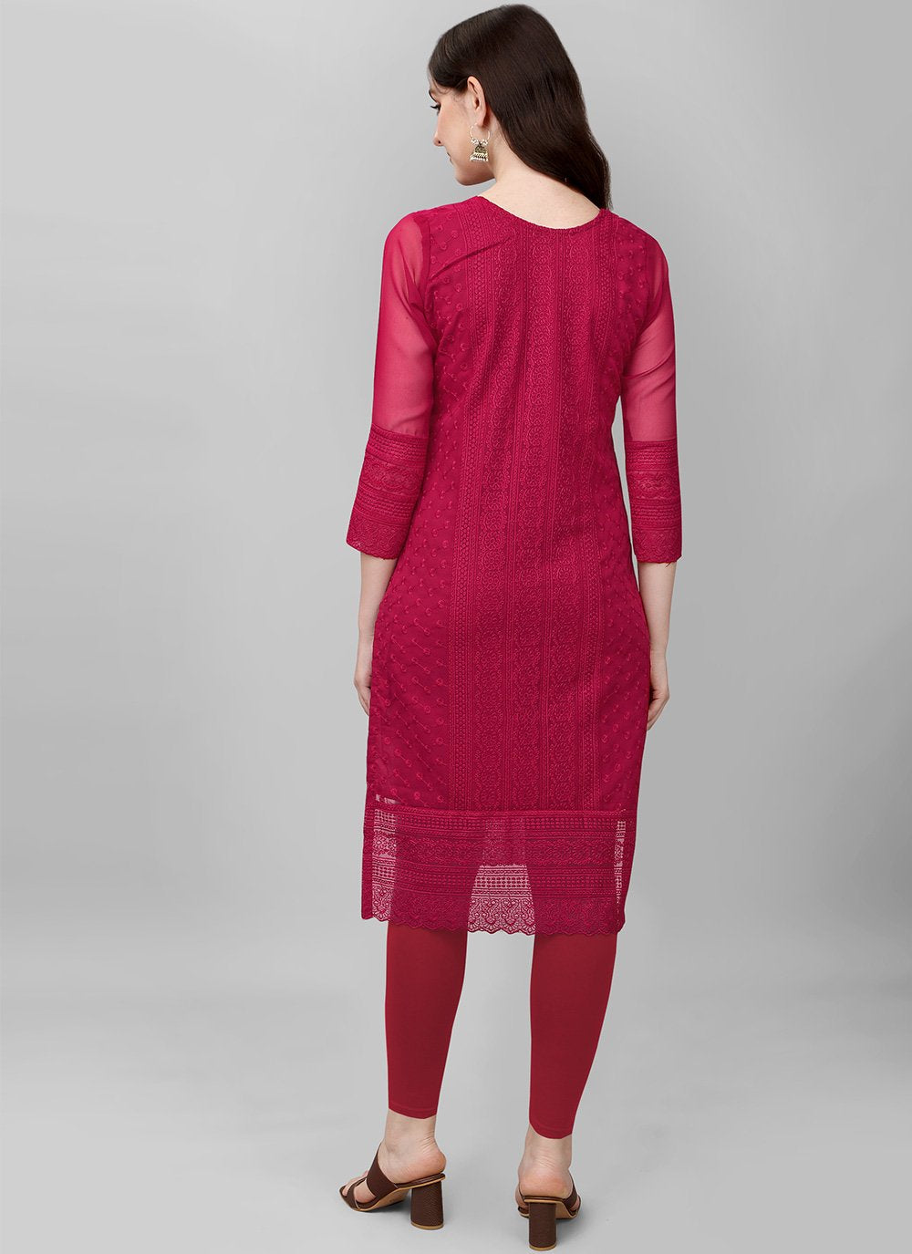 Casual Kurti Faux Georgette Magenta Chikankari Work Kurtis