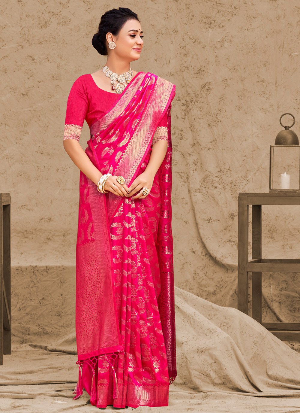 Traditional Saree Silk Magenta Foil Print Saree
