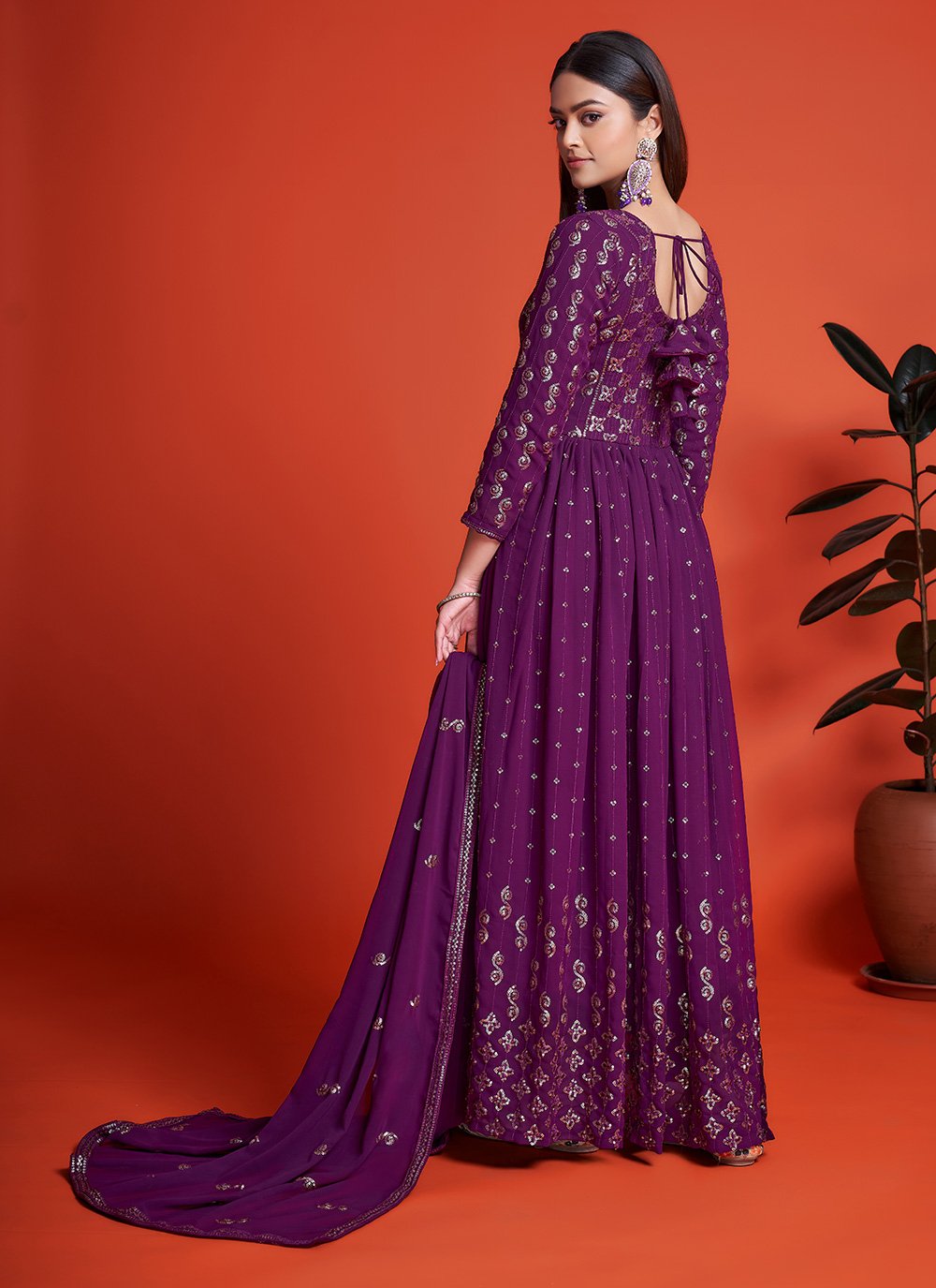 Designer Gown Georgette Magenta Embroidered Gown