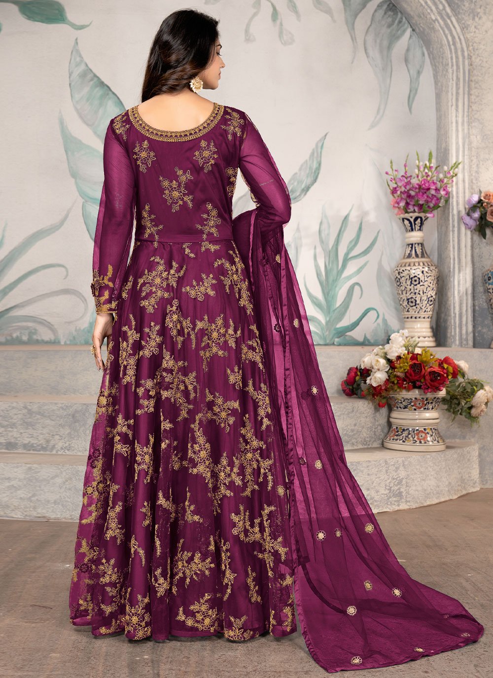 Anarkali Suit Net Magenta Embroidered Salwar Kameez