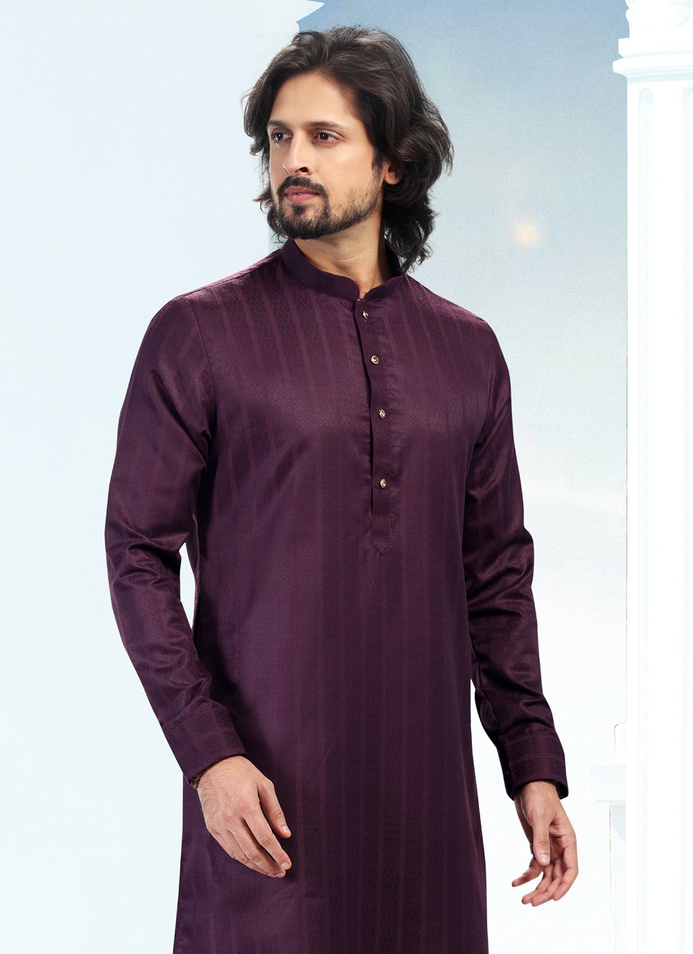 Kurta Pyjama Silk Magenta Fancy Work Mens