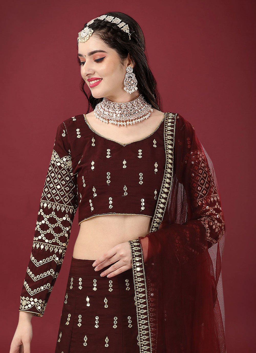 A Line Lehenga Cotton Silk Muslin Maroon Cord Work Lehenga Choli