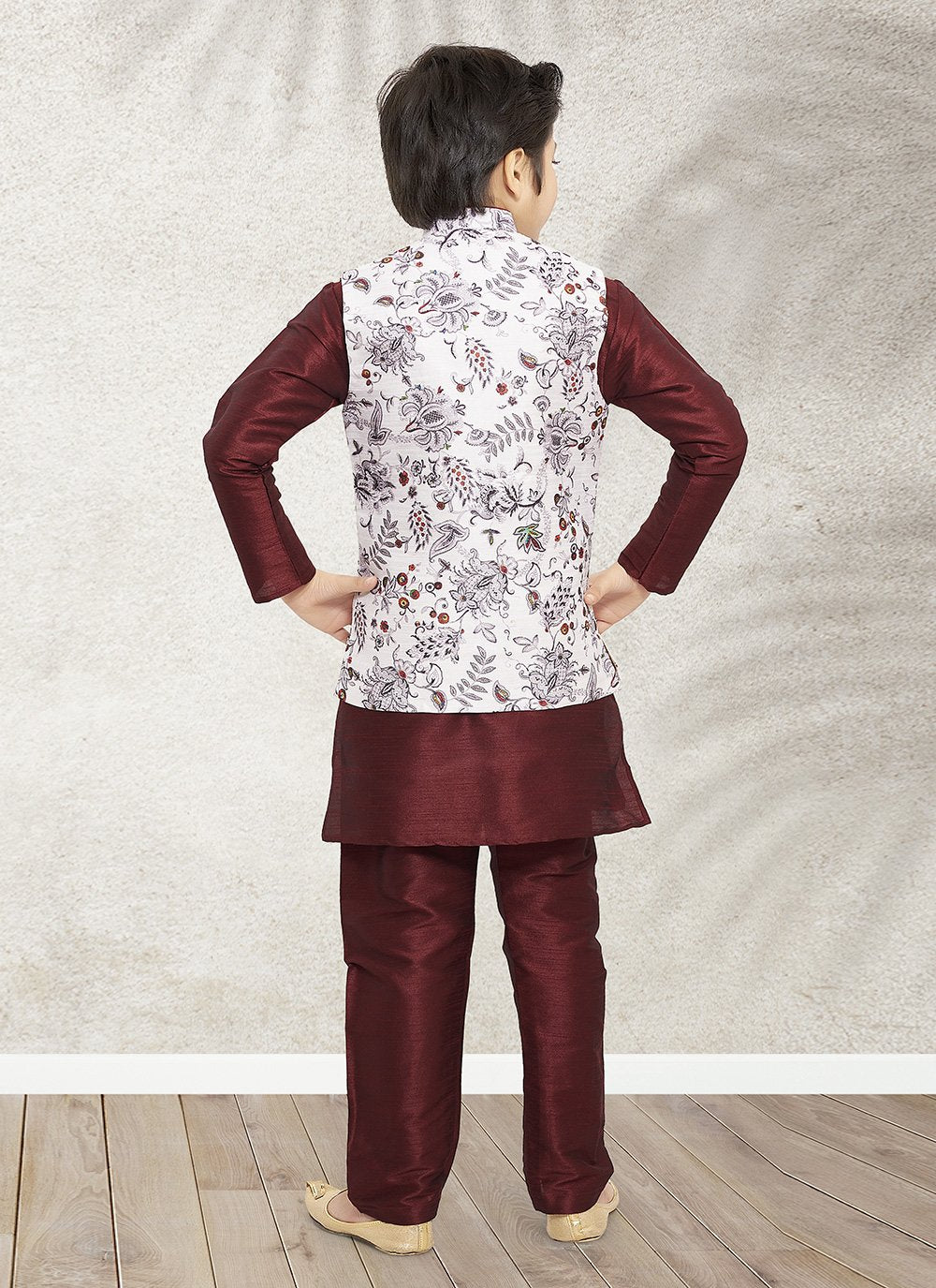 Kurta Payjama With Jacket Banarasi Silk Maroon Off White Print Kids