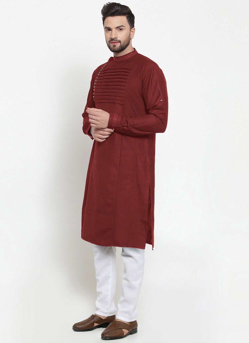 Kurta Blended Cotton Maroon Fancy Work Mens