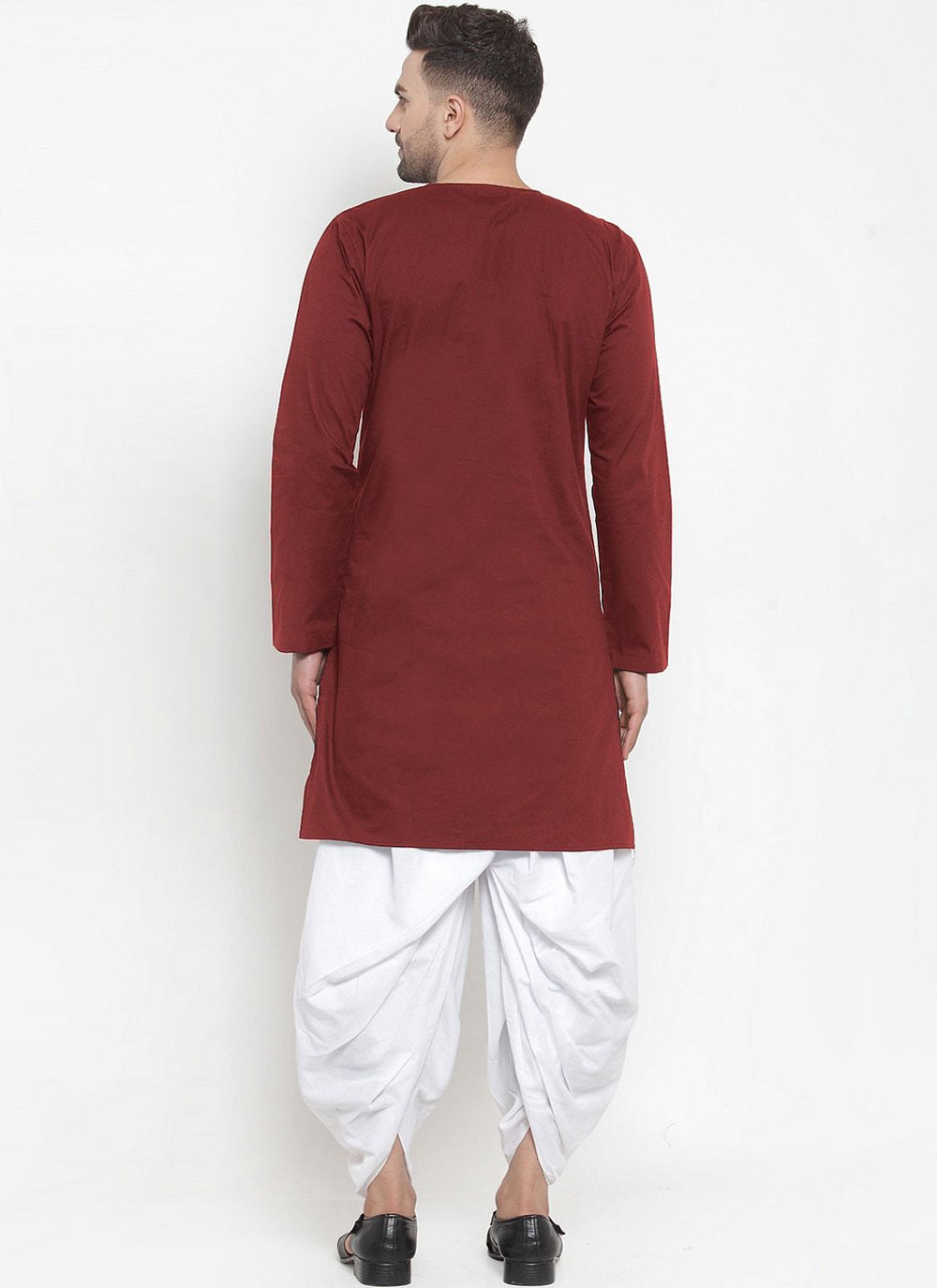 Indo Western Blended Cotton Maroon Plain Mens