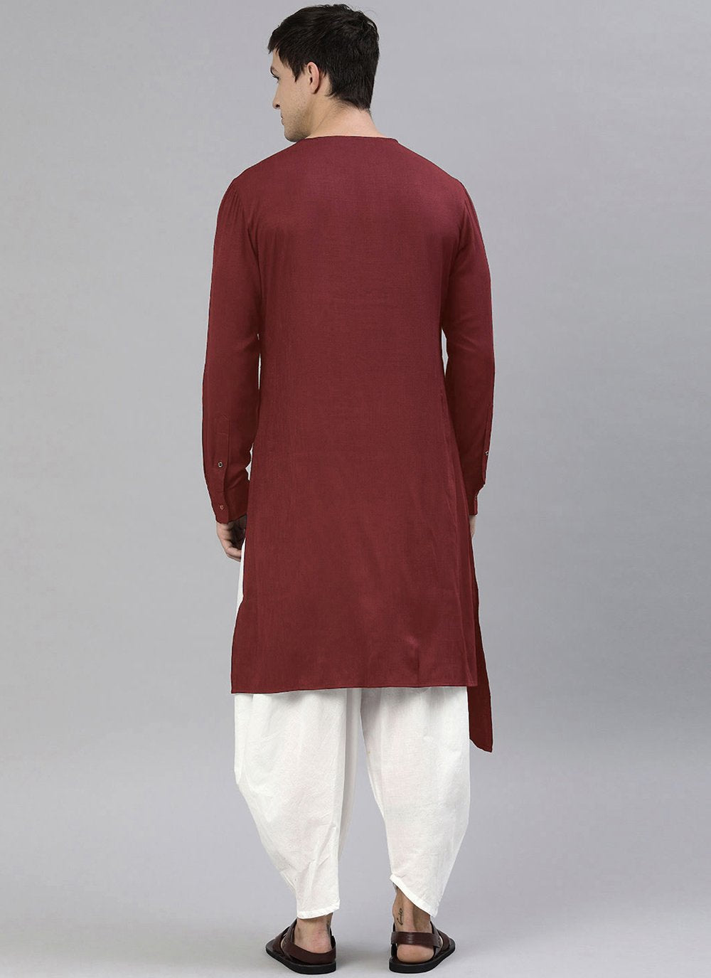Kurta Blended Cotton Maroon Plain Mens