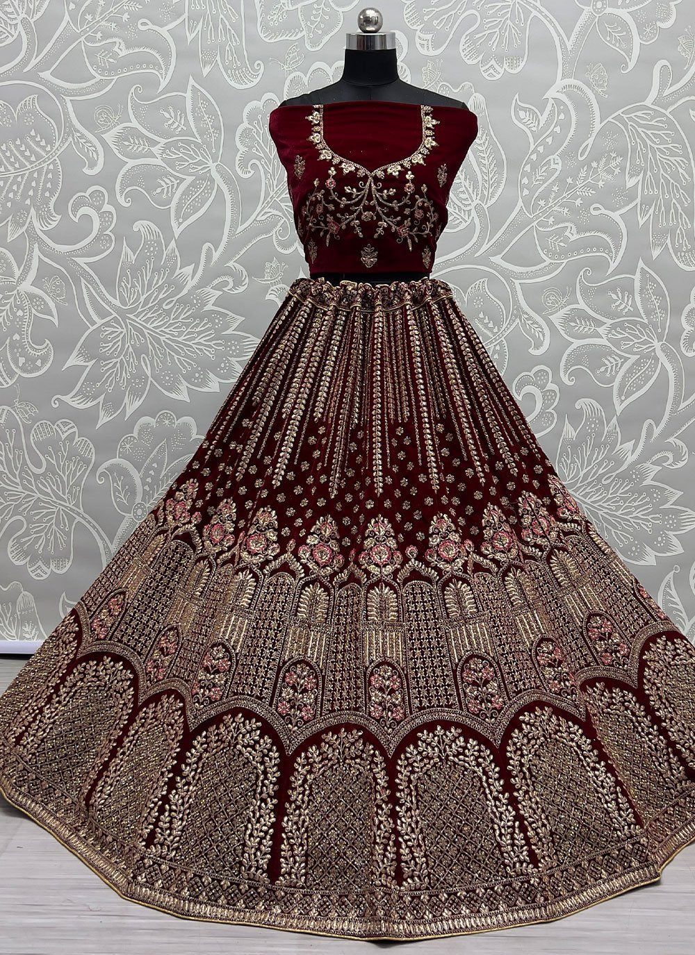 A Line Lehenga Velvet Maroon Dori Work Lehenga Choli