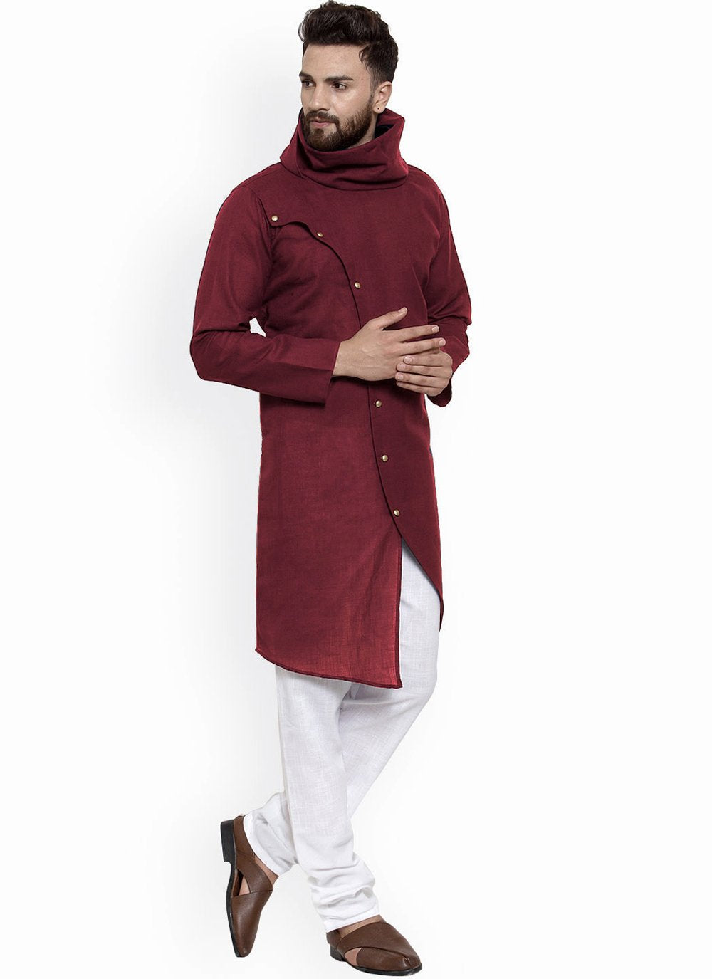 Indo Western Blended Cotton Maroon Buttons Mens