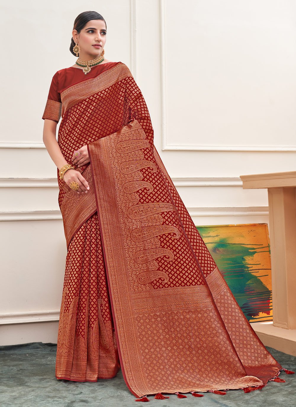 Designer Silk Maroon Weaving Saree