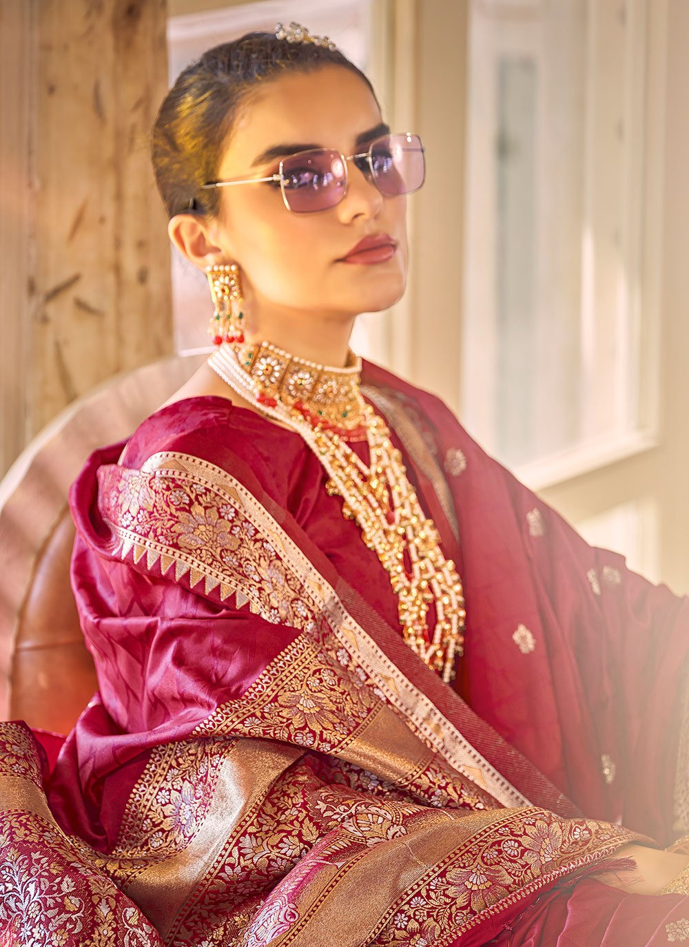 Contemporary Satin Silk Maroon Weaving Saree