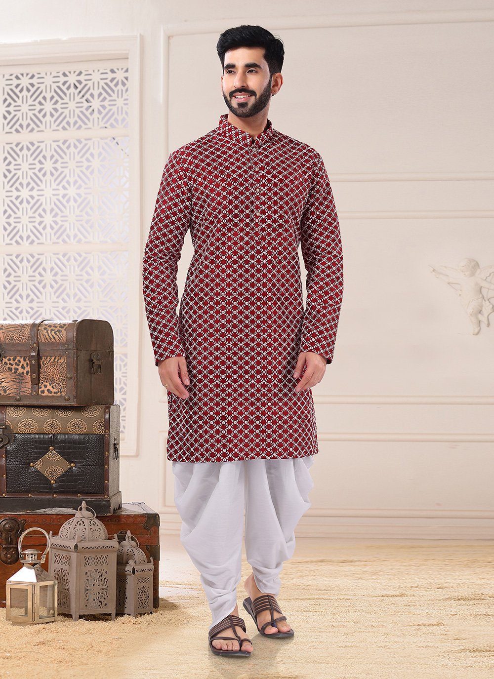 Dhoti Kurta Silk Maroon Embroidered Mens