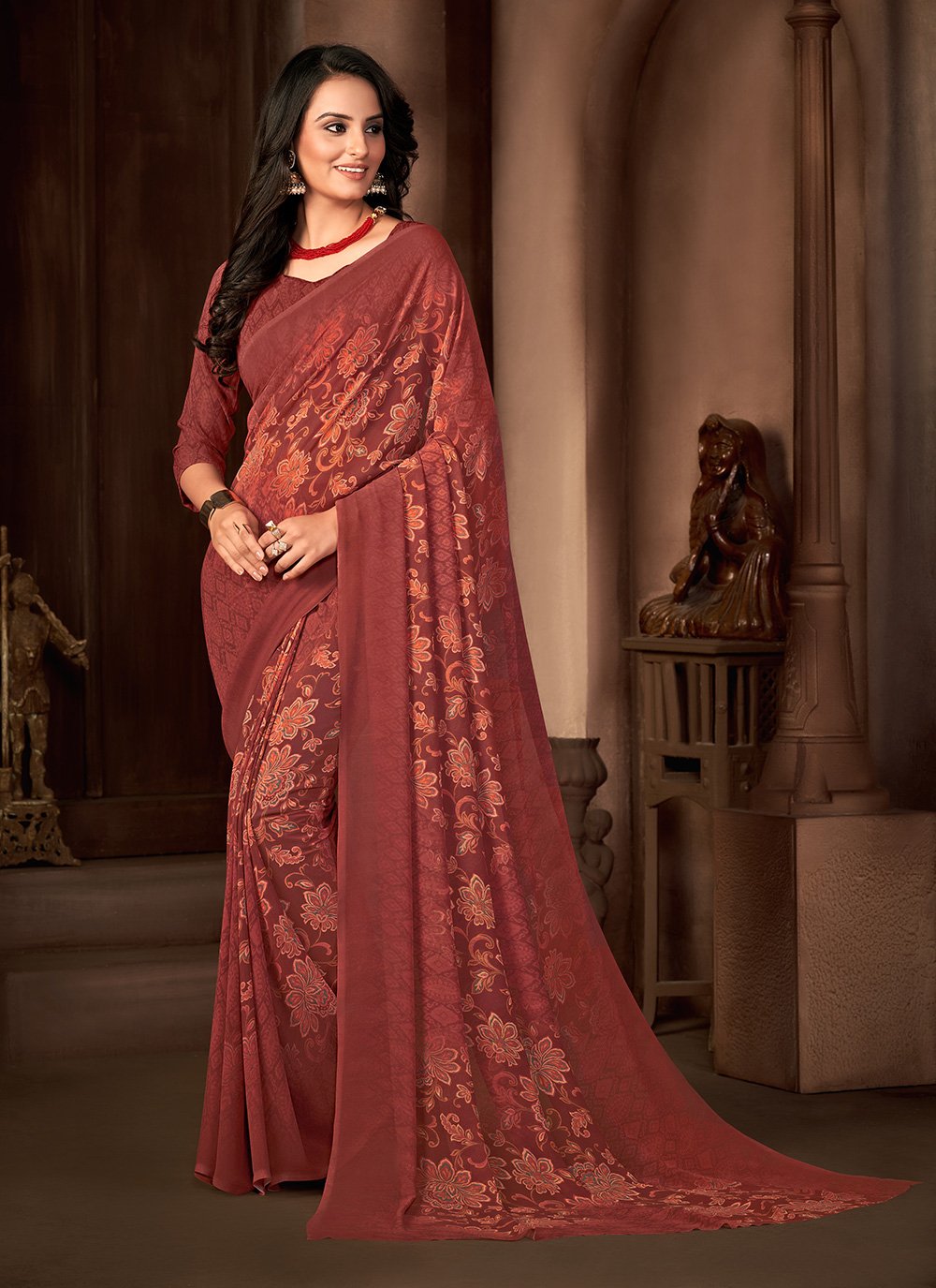 Trendy Saree Georgette Maroon Print Saree