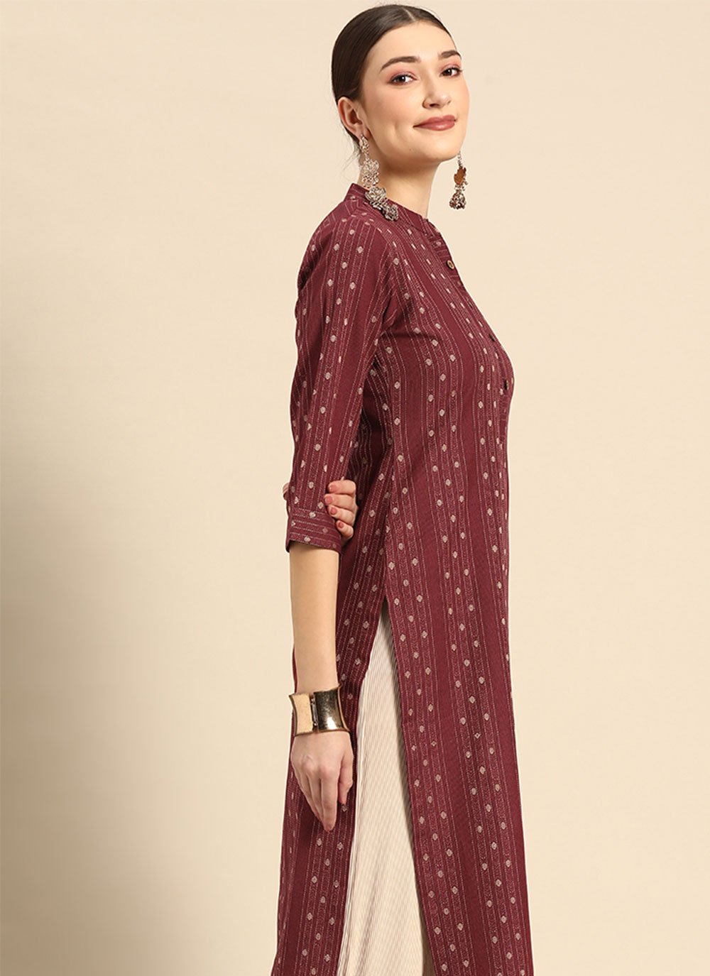 Party Wear Kurti Cotton Maroon Print Kurtis