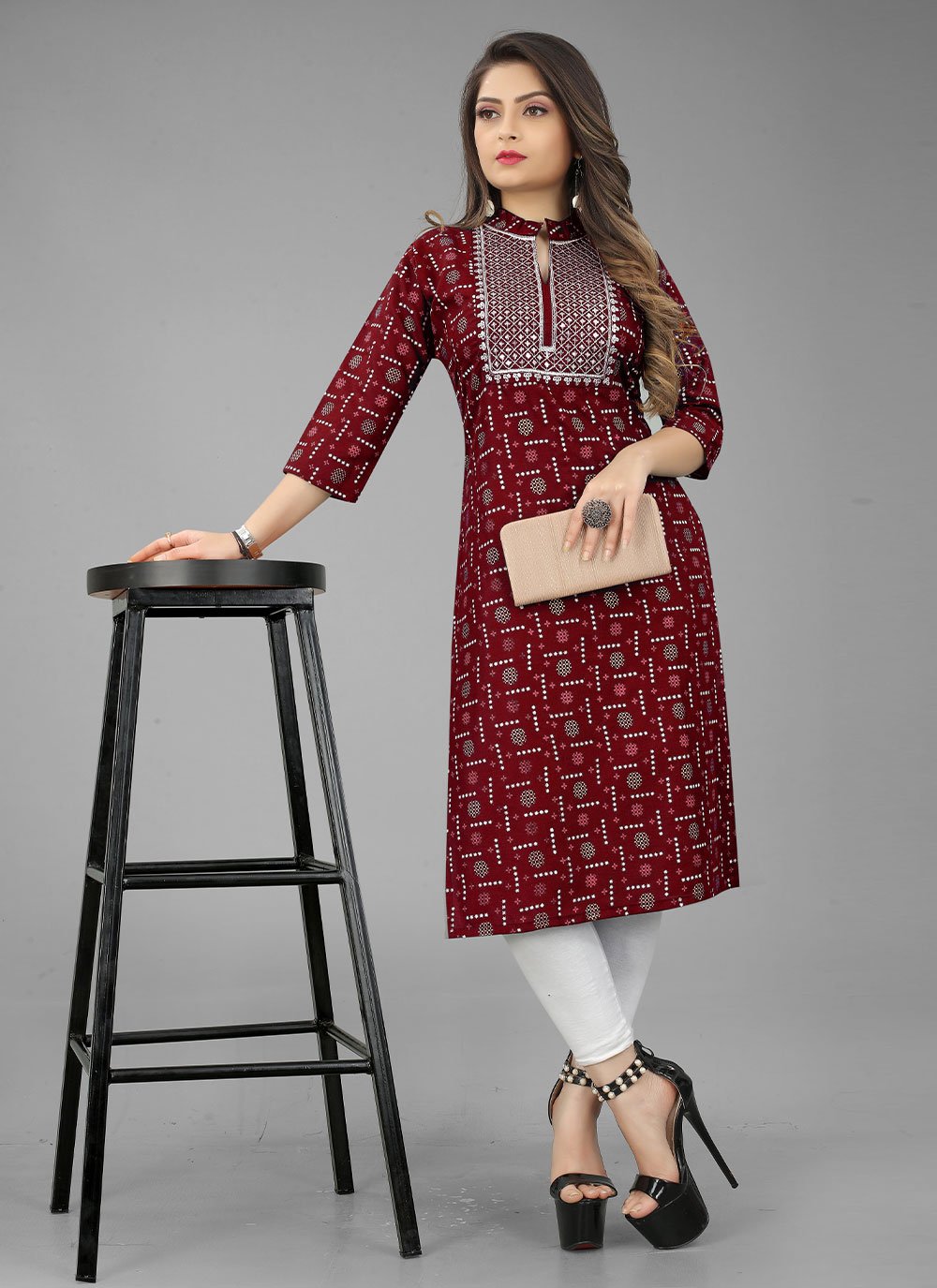 Designer Kurti Cotton Maroon Embroidered Kurtis