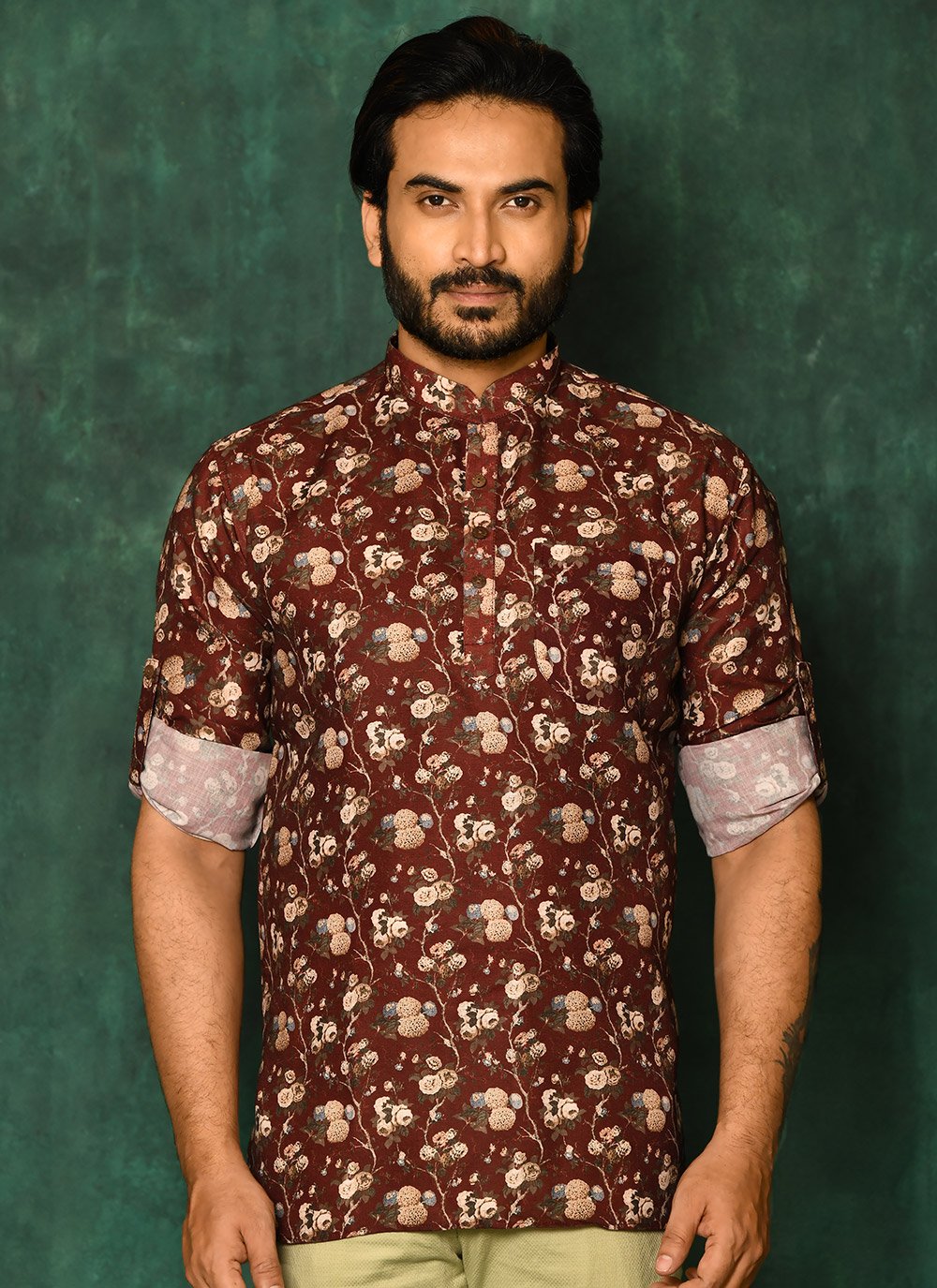 Short Kurta Cotton Maroon Print Mens