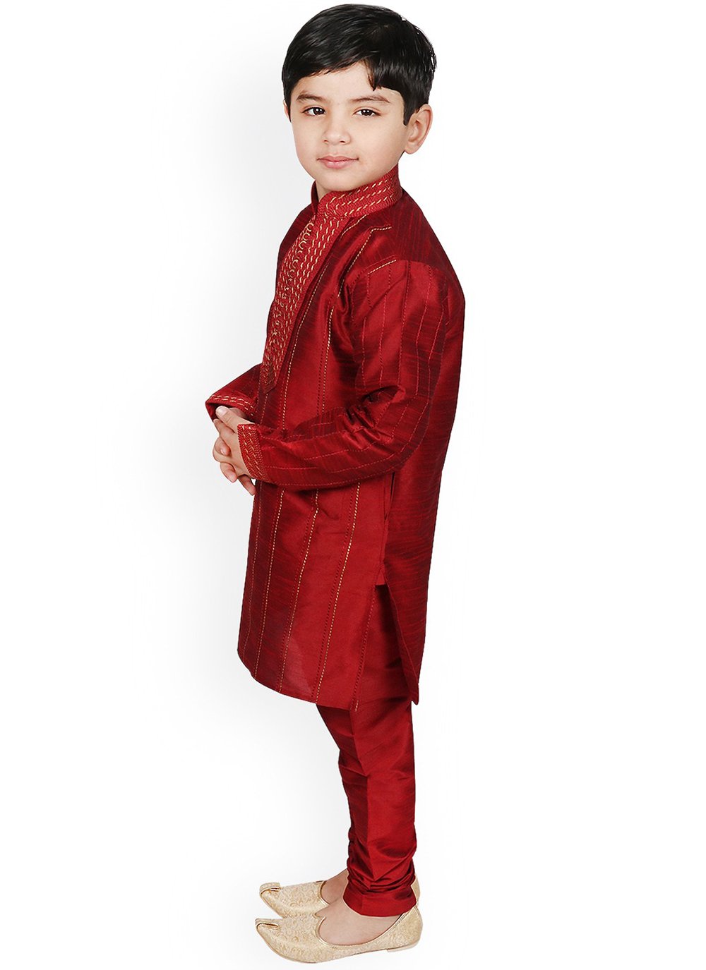 Kurta Pyjama Dupion Silk Maroon Embroidered Kids