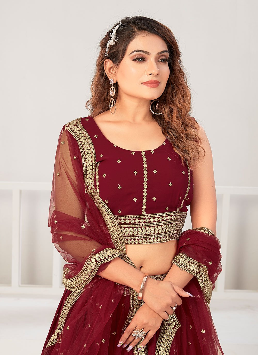 A Line Lehenga Georgette Viscose Maroon Embroidered Lehenga Choli