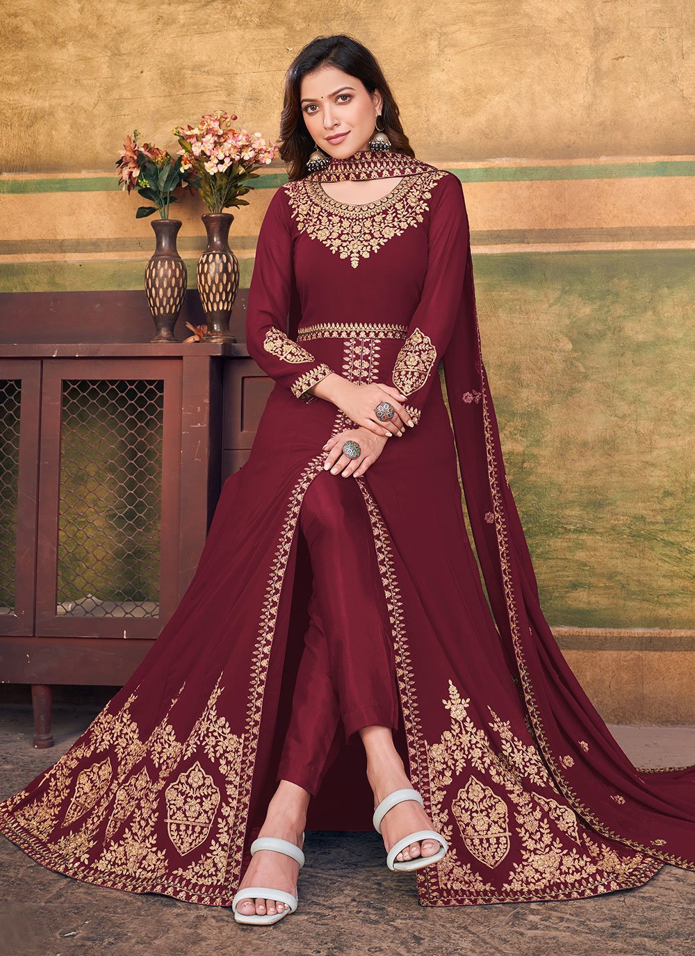 Anarkali Suit Faux Georgette Maroon Embroidered Salwar Kameez