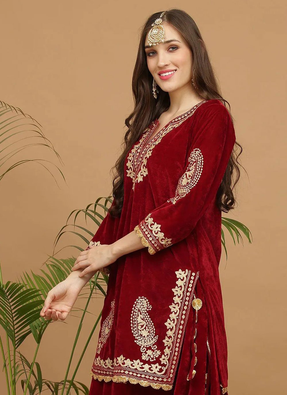 Designer Kurti Velvet Maroon Embroidered Kurtis