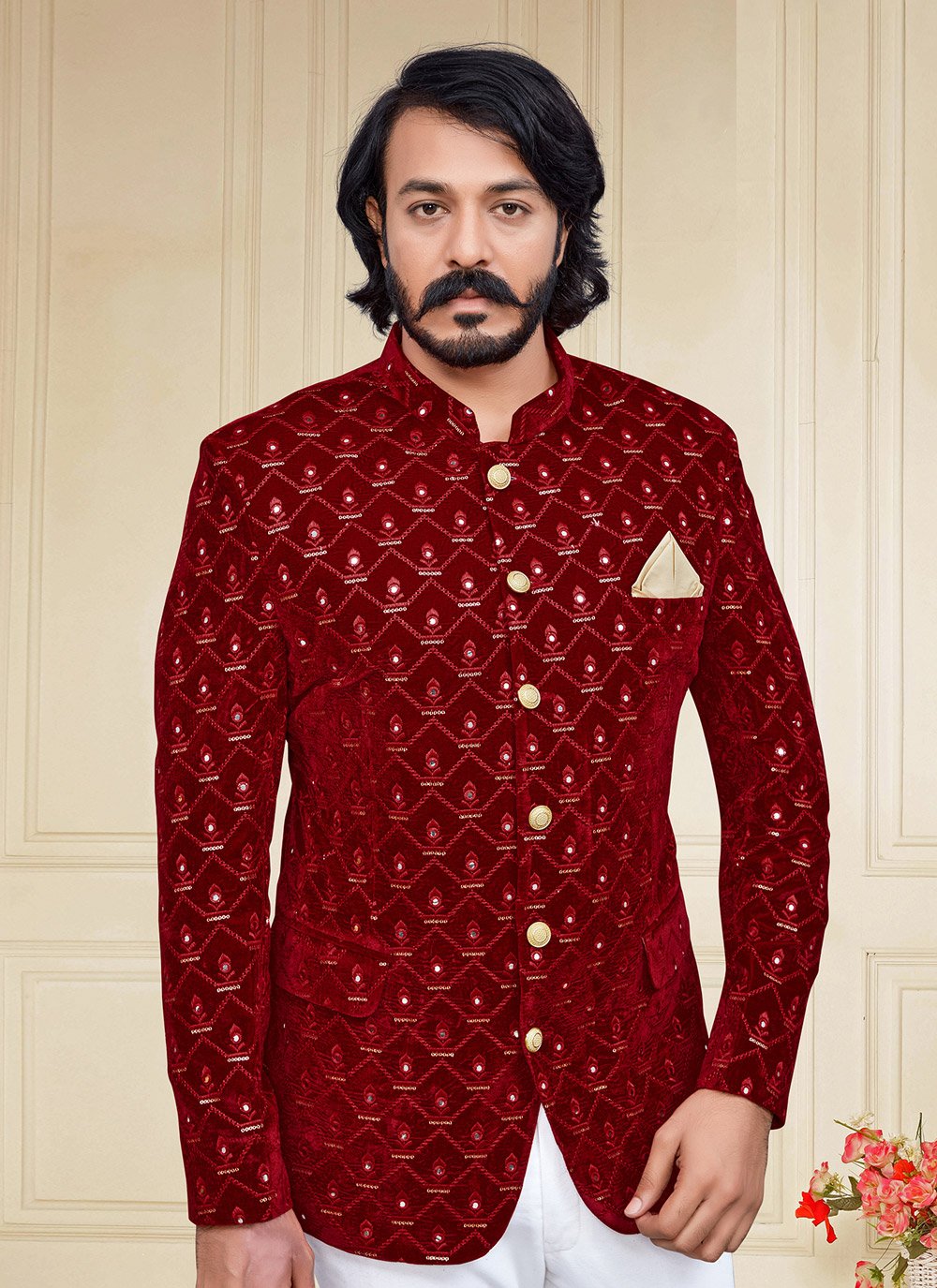 Jodhpuri Suit Velvet Maroon Embroidered Mens