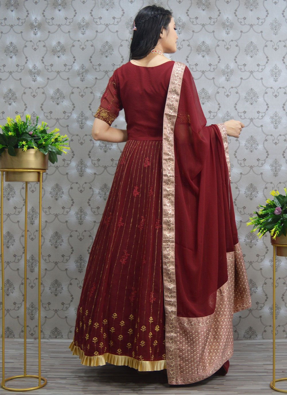Gown Georgette Maroon Embroidered Gown