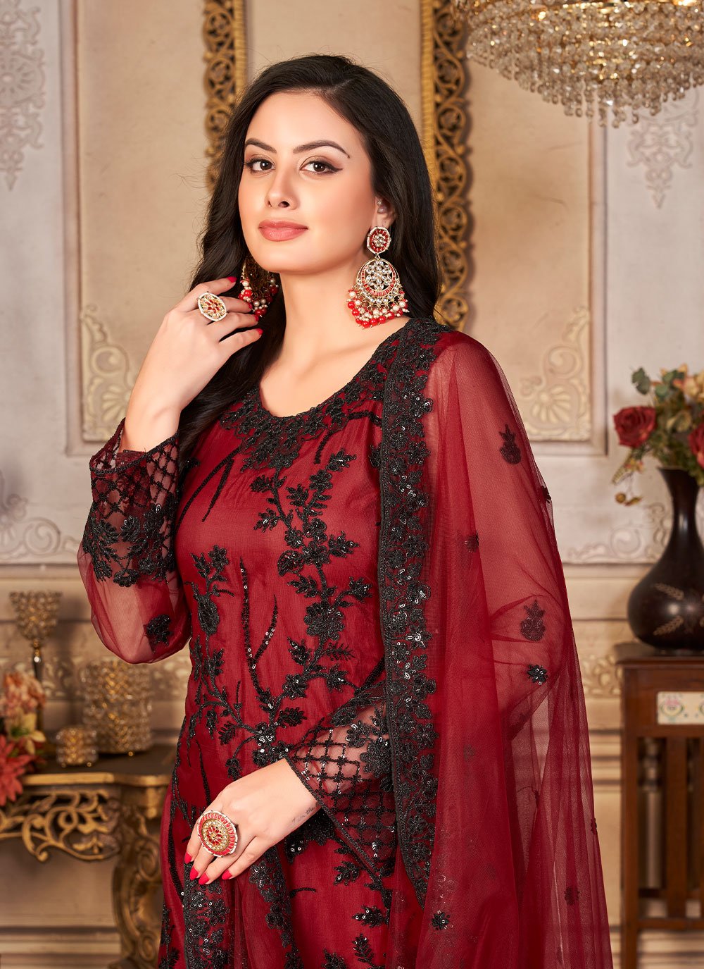 Salwar Suit Net Maroon Embroidered Salwar Kameez