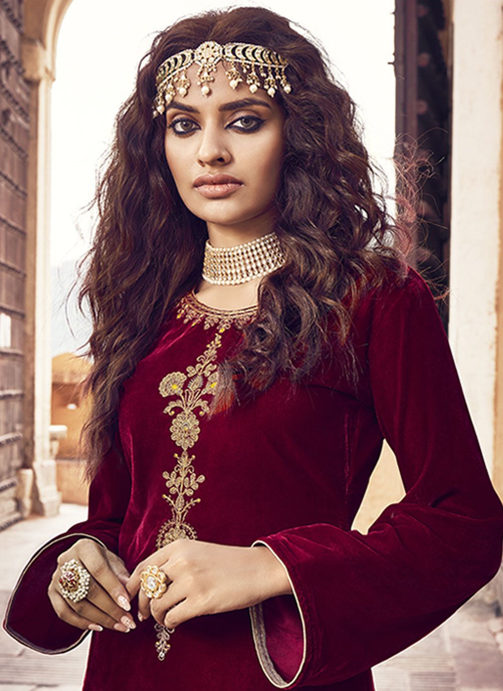 Salwar Suit Velvet Maroon Embroidered Salwar Kameez