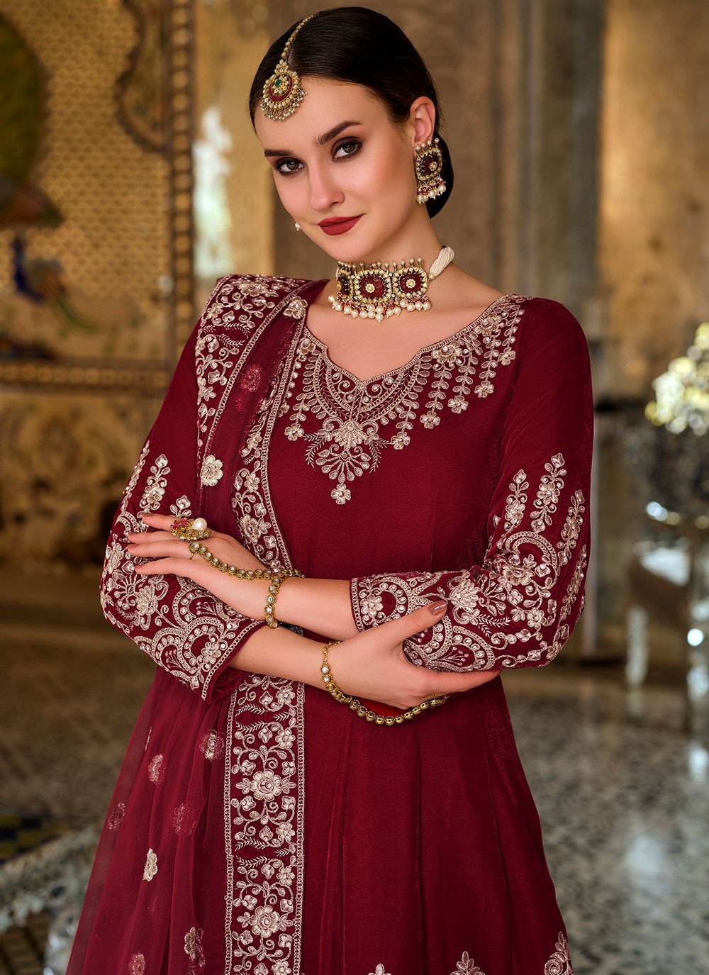 Salwar Suit Velvet Maroon Embroidered Salwar Kameez