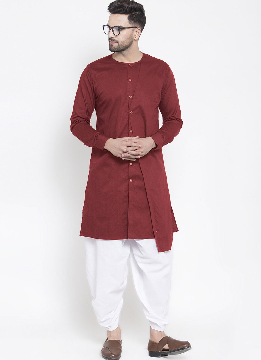 Dhoti Kurta Blended Cotton Maroon Plain Mens
