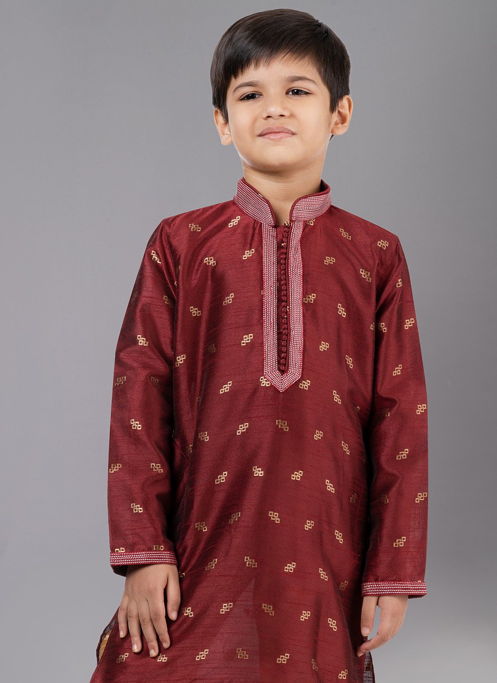 Kurta Pyjama Dupion Silk Jacquard Maroon Fancy Work Kids