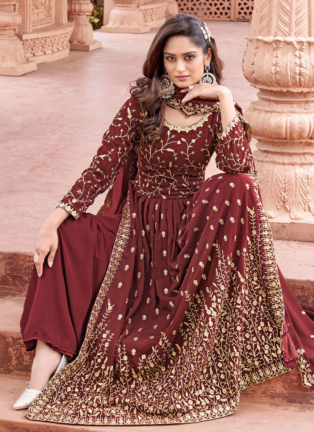 Palazzo Salwar Suit Faux Georgette Maroon Embroidered Salwar Kameez