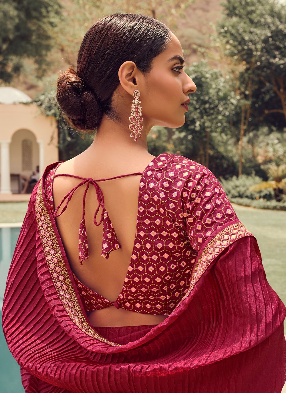 Contemporary Vichitra Silk Maroon Embroidered Saree