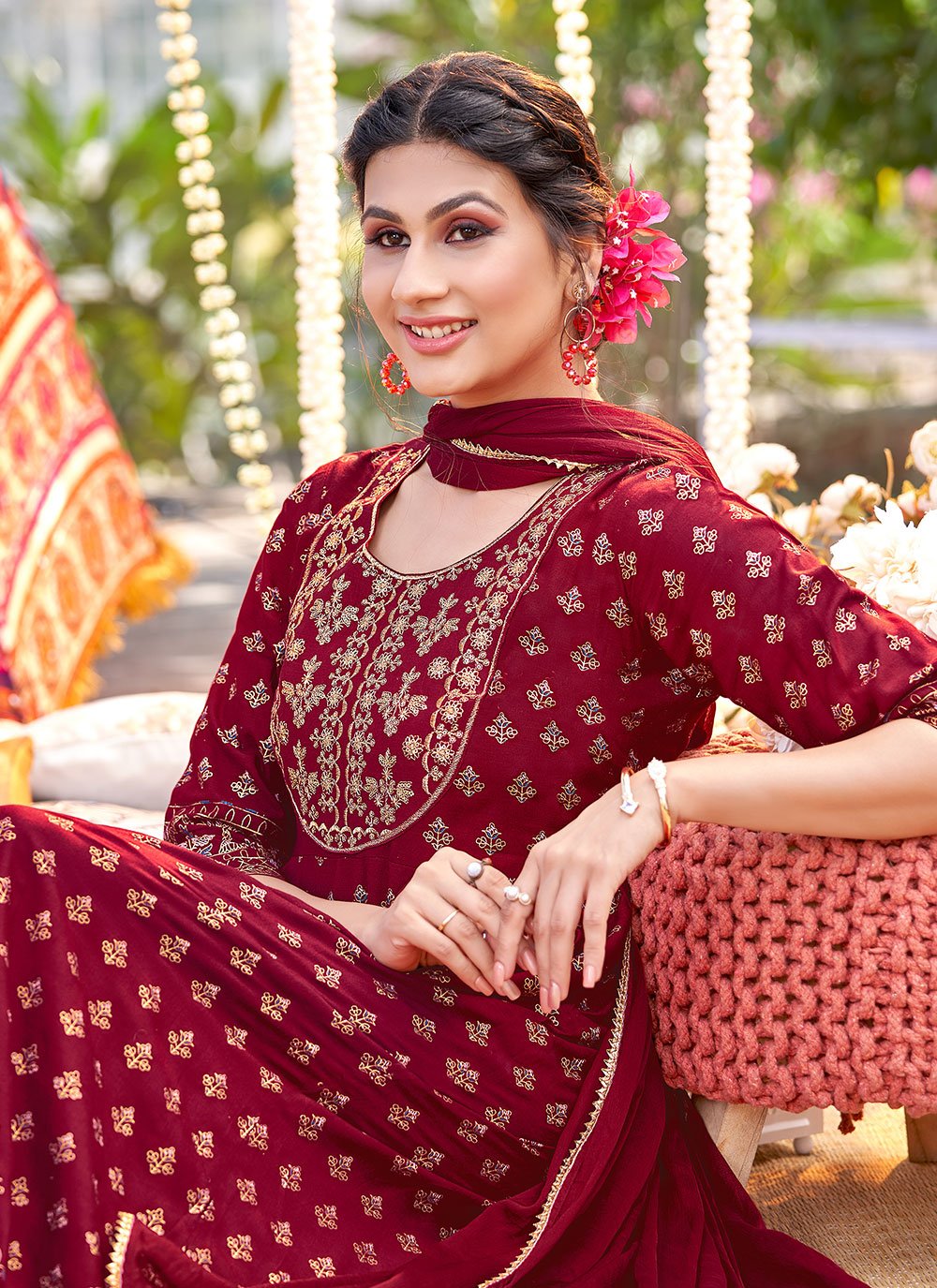 Designer Gown Rayon Maroon Print Gown