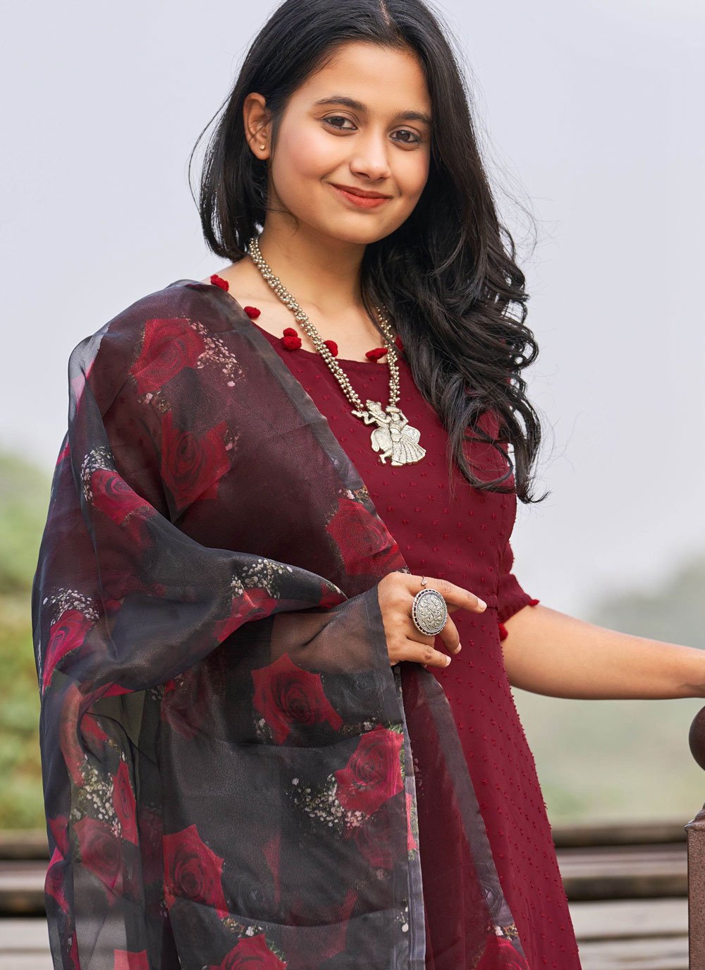 Gown Faux Georgette Maroon Booti Gown