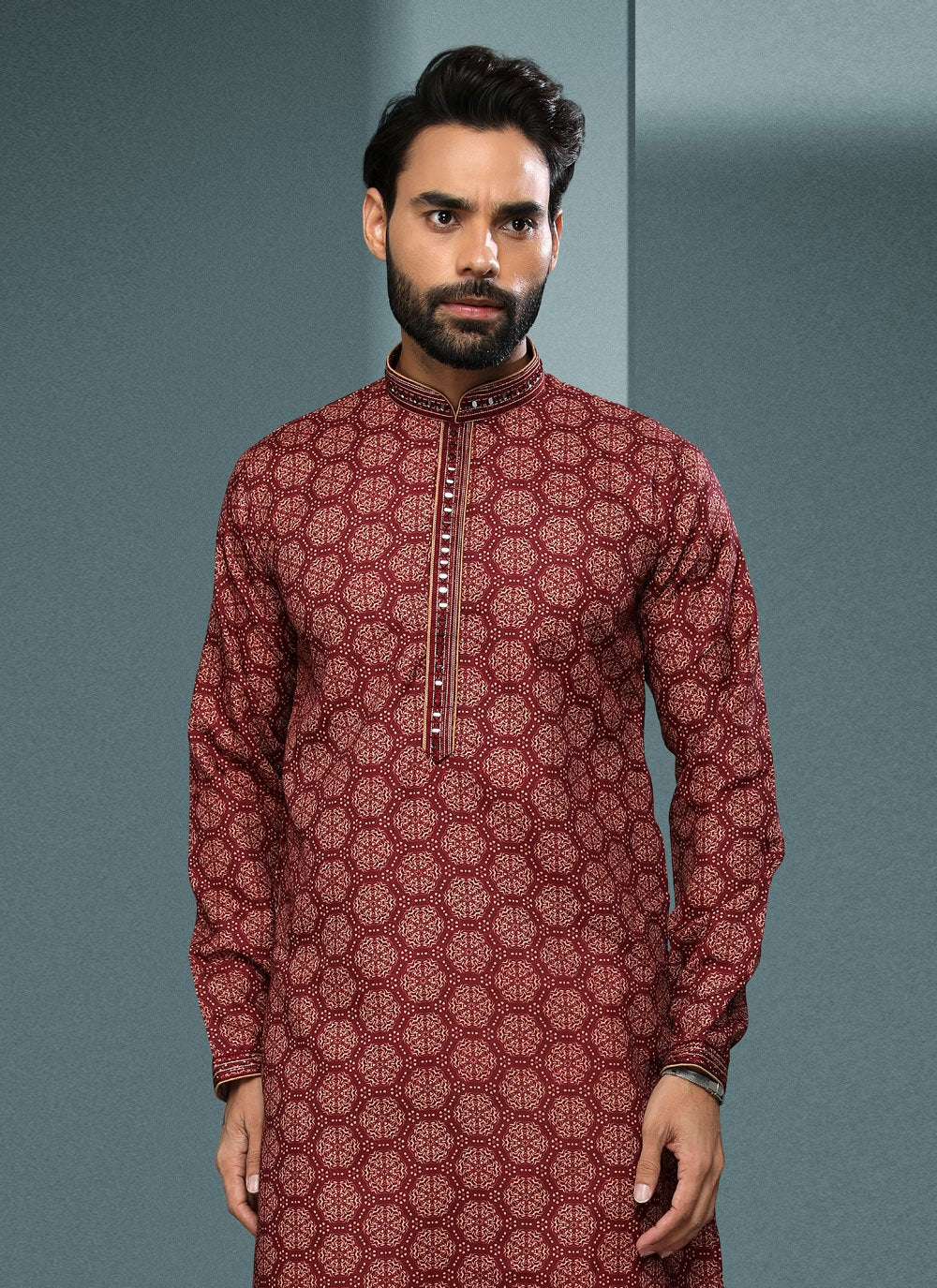 Kurta Pyjama Handloom Cotton Maroon Digital Print Mens