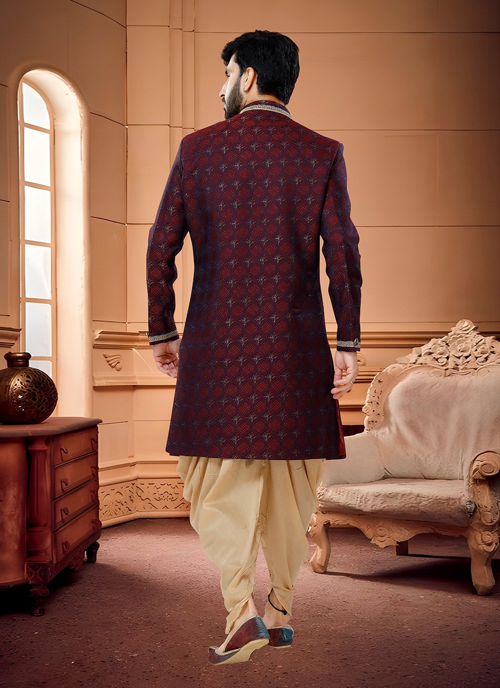 Indo Western Sherwani Jacquard Maroon Embroidered Mens