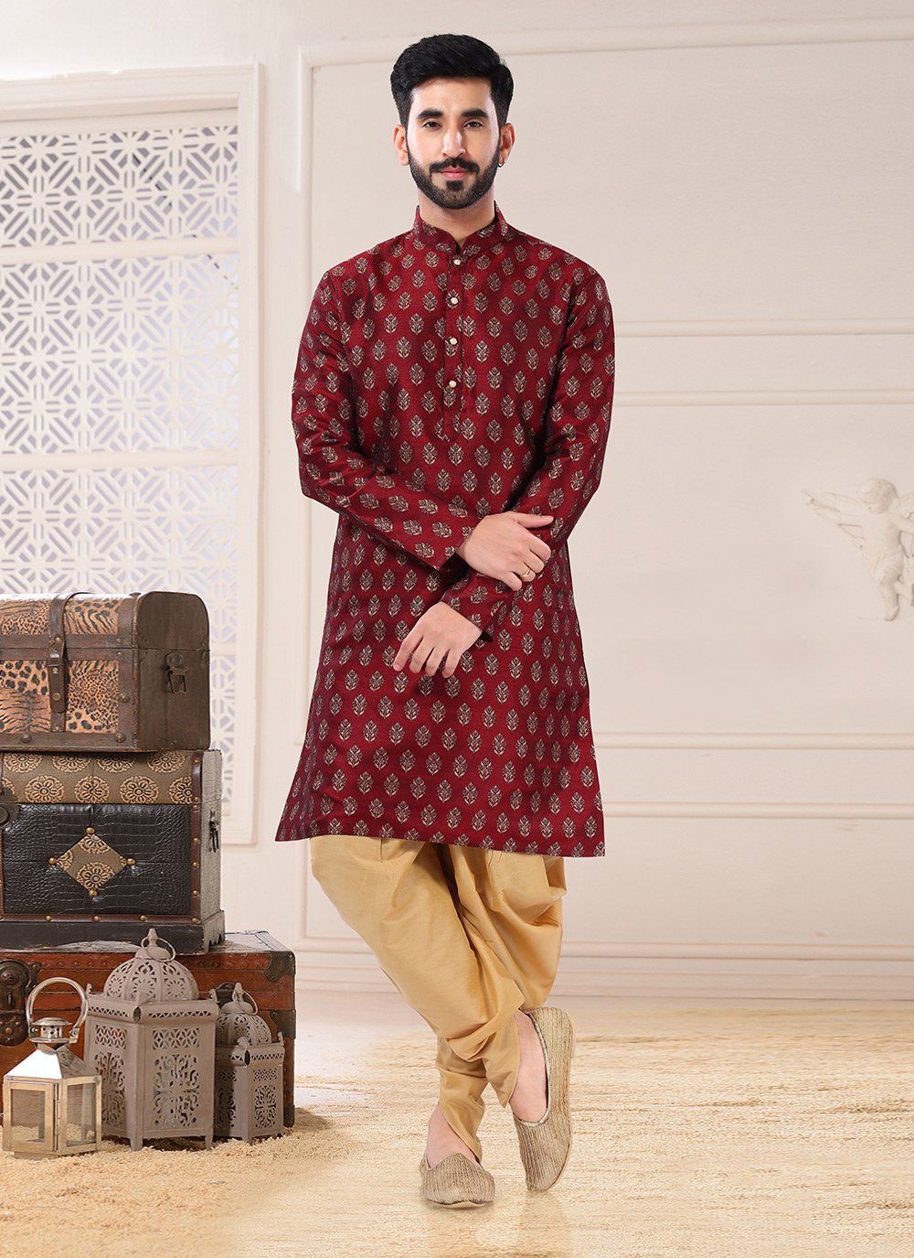 Dhoti Kurta Jacquard Maroon Thread Mens