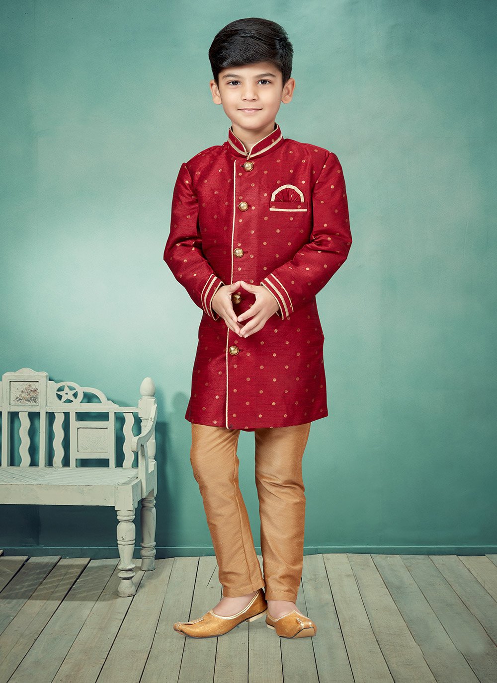 Indo Western Malbari Silk Maroon Lace Kids