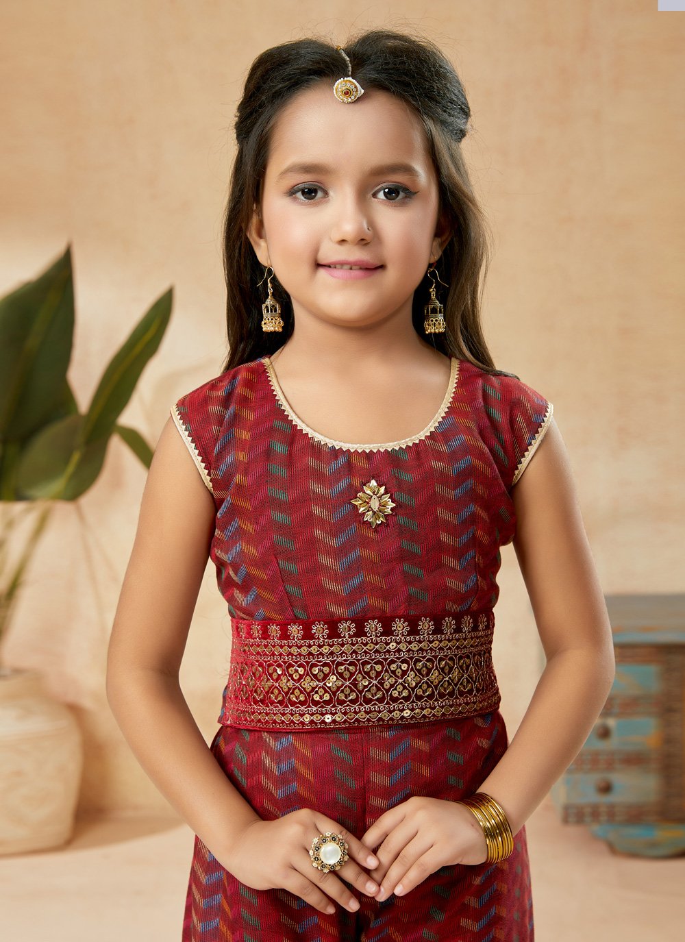 Sharara Set Handloom Silk Maroon Embroidered Kids