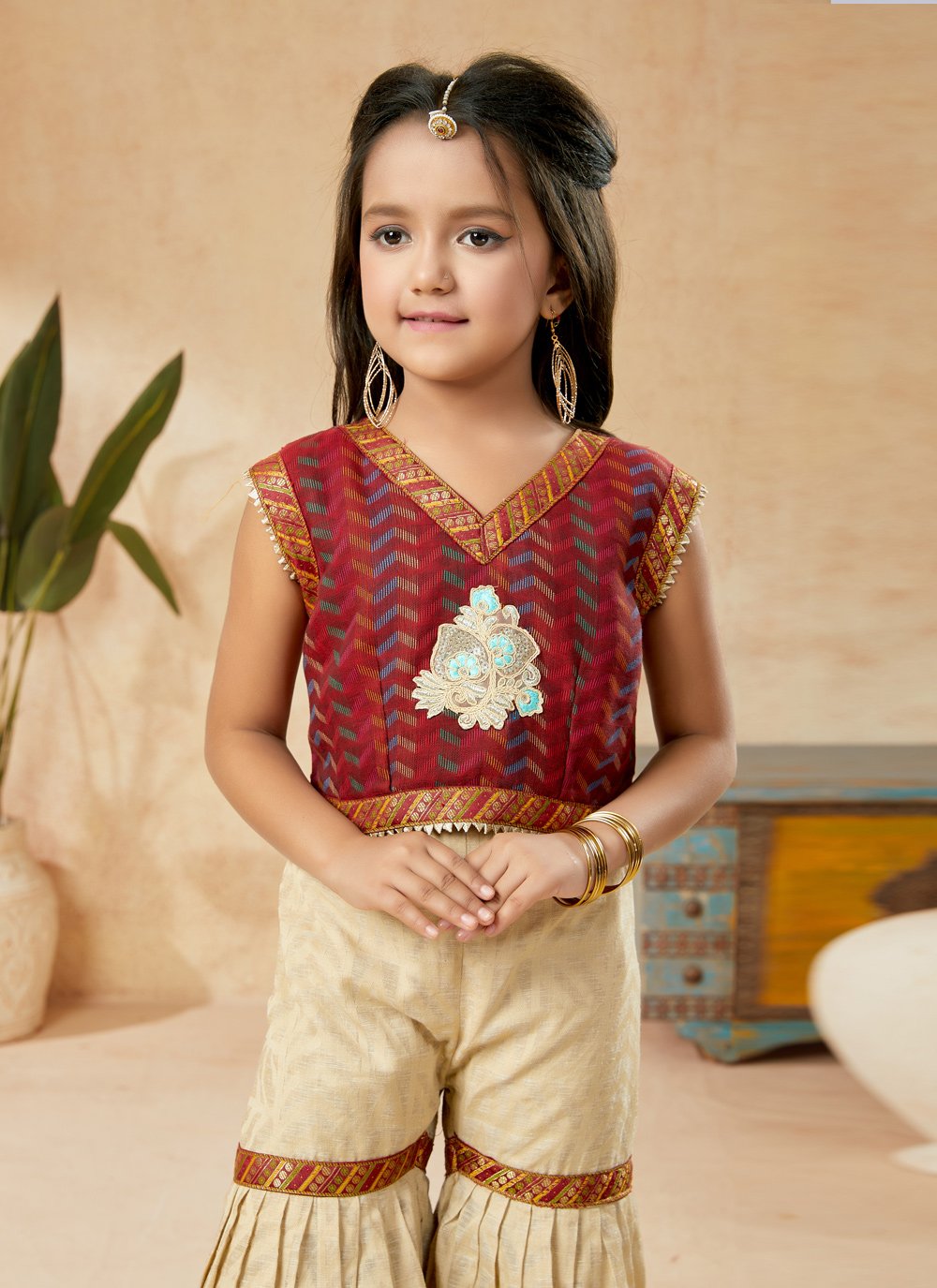 Sharara Set Handloom Silk Maroon Embroidered Kids