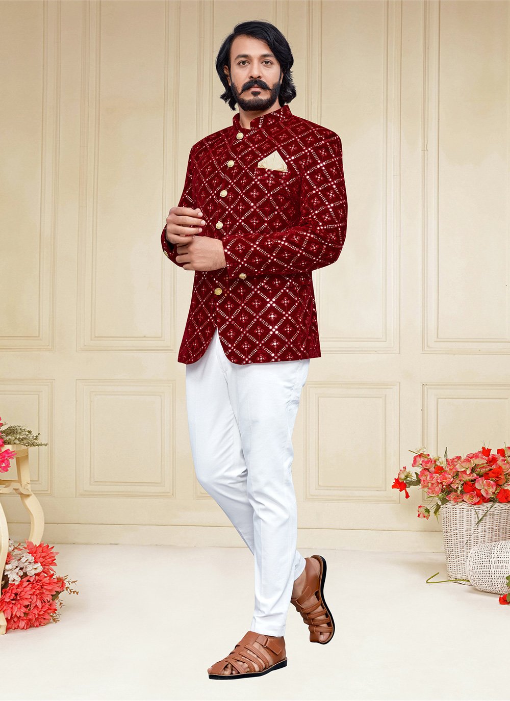 Jodhpuri Suit Velvet Maroon Embroidered Mens Kajols Indian Pakistani Fashion Tailoring