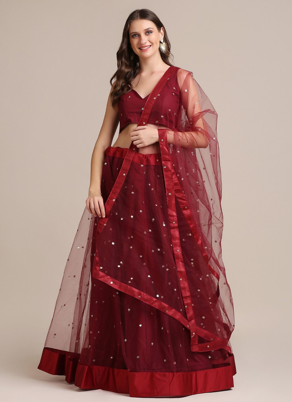 Lehenga Choli Net Maroon Mirror Lehenga Choli