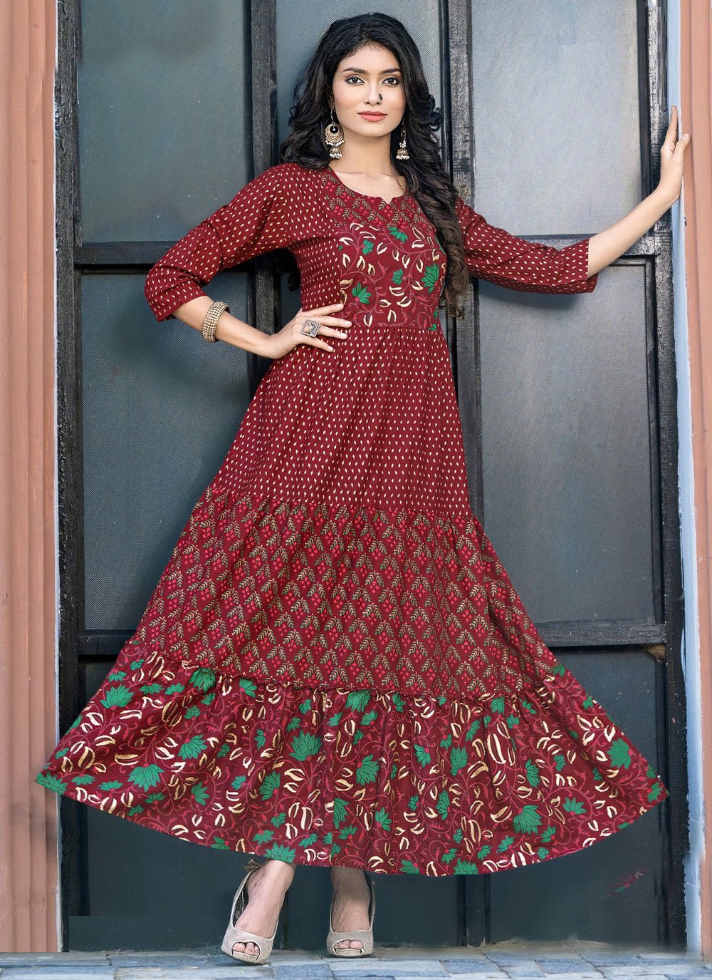 Gown Rayon Maroon Print Gown