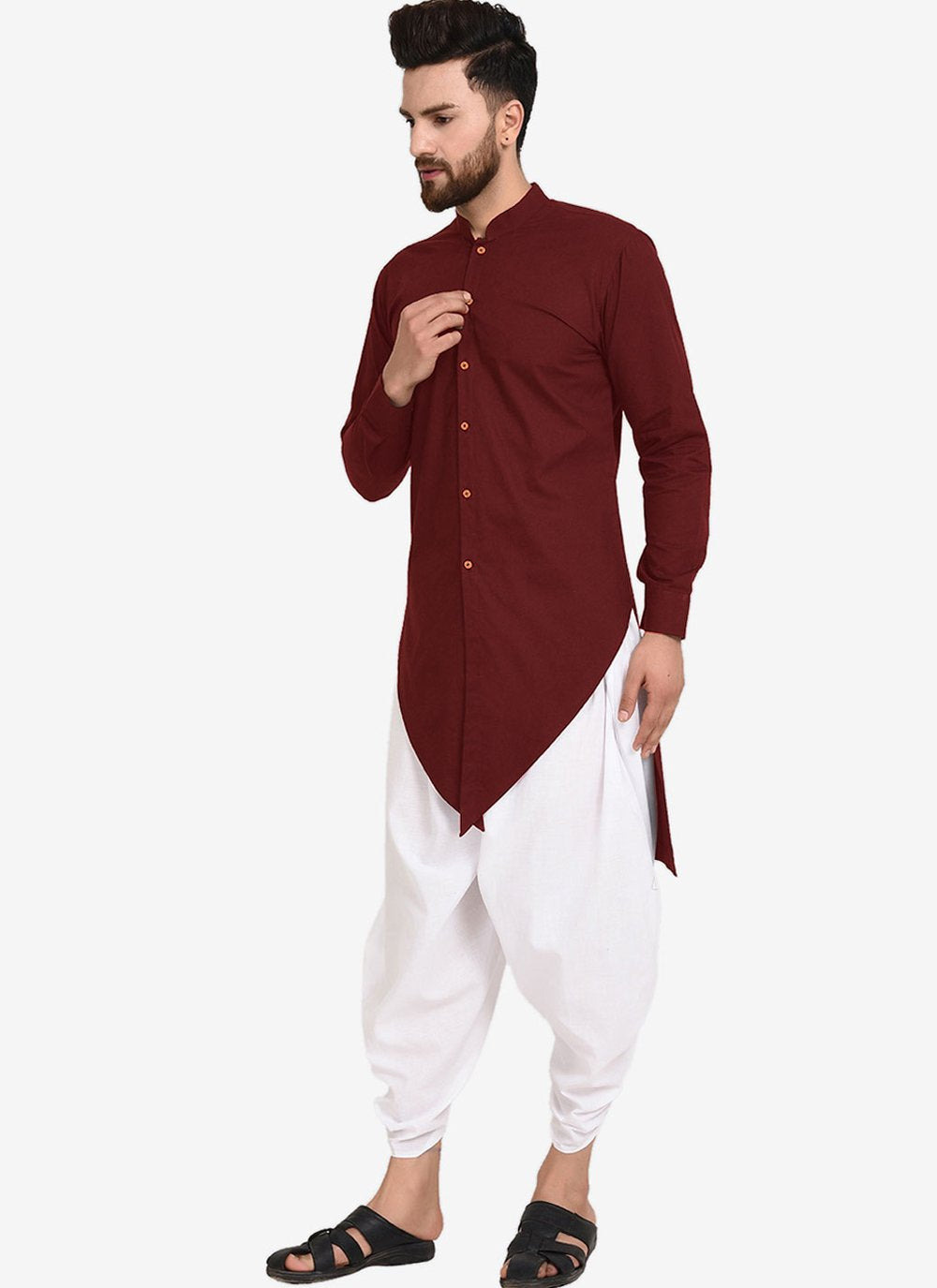 Dhoti Kurta Blended Cotton Maroon Plain Mens
