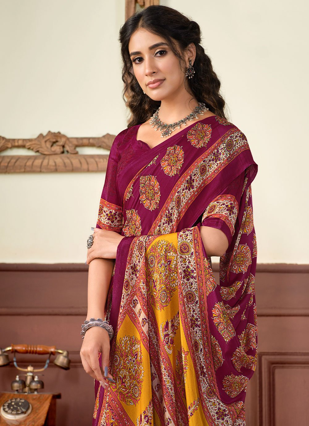 Contemporary Crepe Silk Maroon Print Saree