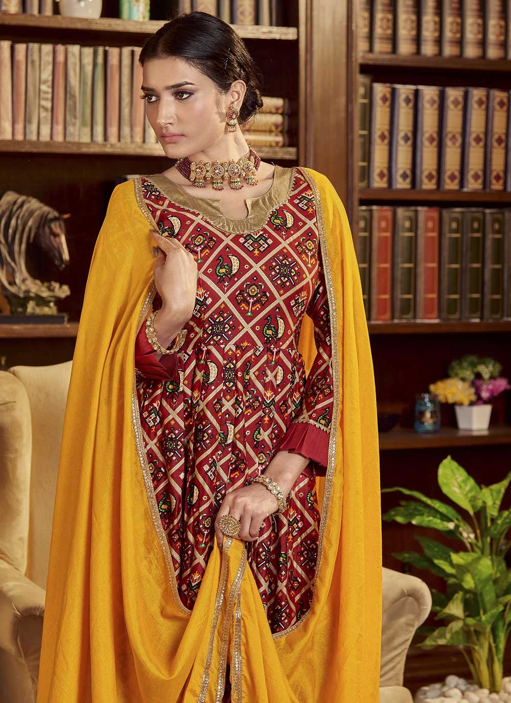 Designer Gown Cotton Maroon Print Gown