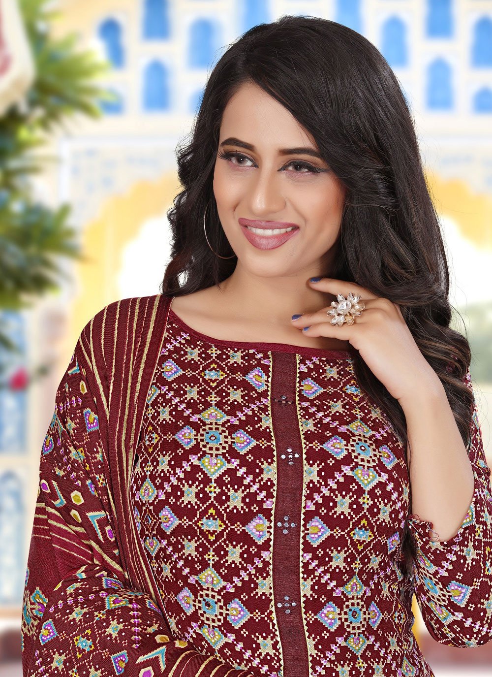 Salwar Suit Pashmina Maroon Print Salwar Kameez