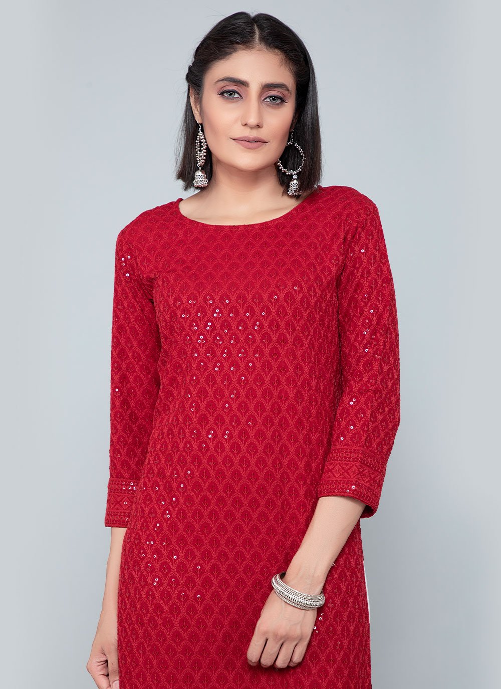 Party Wear Kurti Rayon Maroon Chikankari Work Kurtis