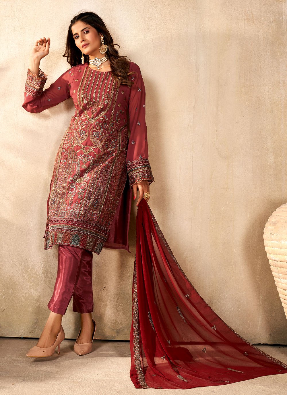 Straight Salwar Suit Georgette Maroon Embroidered Salwar Kameez